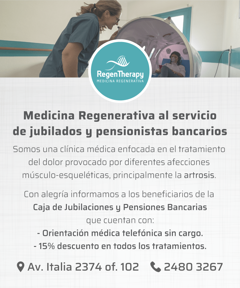 Medicina regenerativa al servicio de jubilados y pensionistas bancarios. Somos una clínica médica enfocada en el tratamiento del dolor provocado por diferentes afecciones músculo-esqueléticas, principalmente la artrosis. Beneficiarios de Caja Bancaria cuentan con: orientación médica telefónica sin cargo y 15% de descuento en todos los tratamientos.